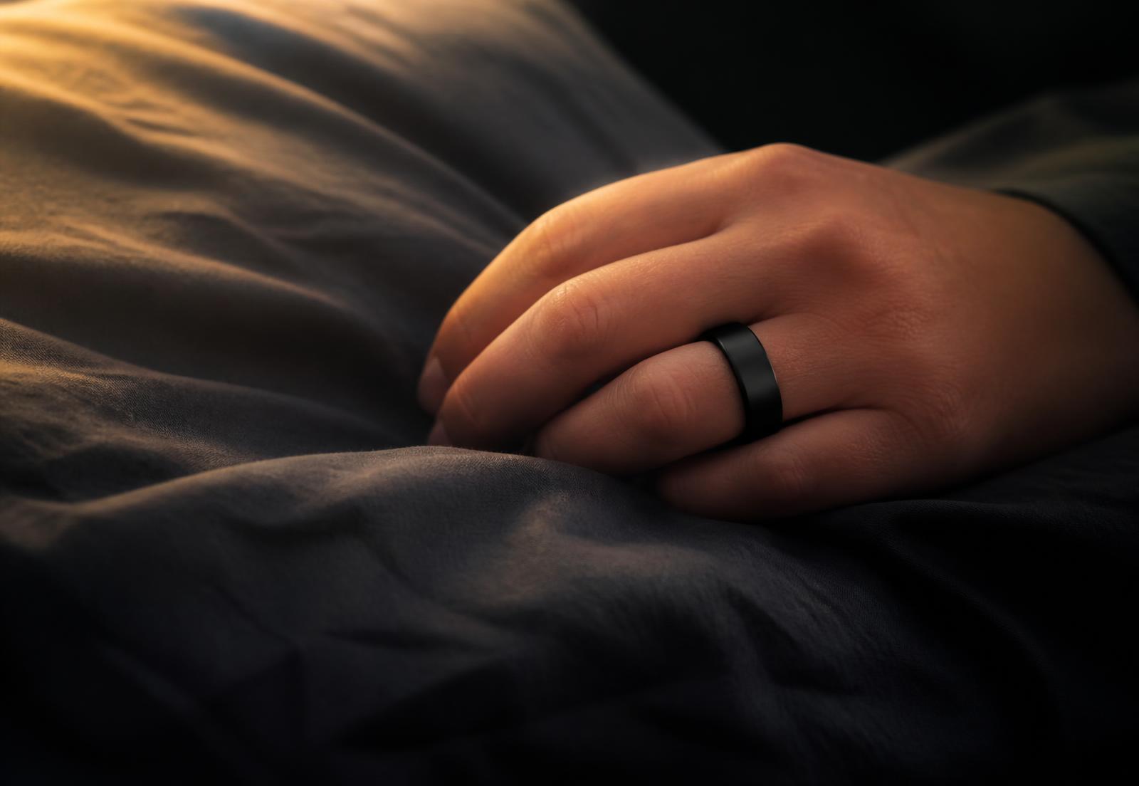 Hand wearing the Kiro KR1 smart ring on dark linen at dawn